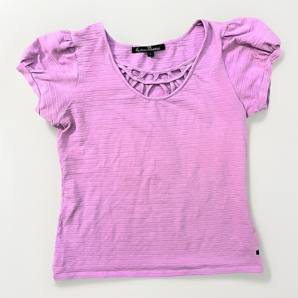 Kamiseta Women’s Size Large Pink Ribbed Knit Short Sleeve Top Cutout Neck Detail